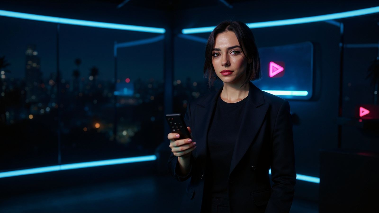 Remy in a hillside studio over the lights of Los Angeles at night