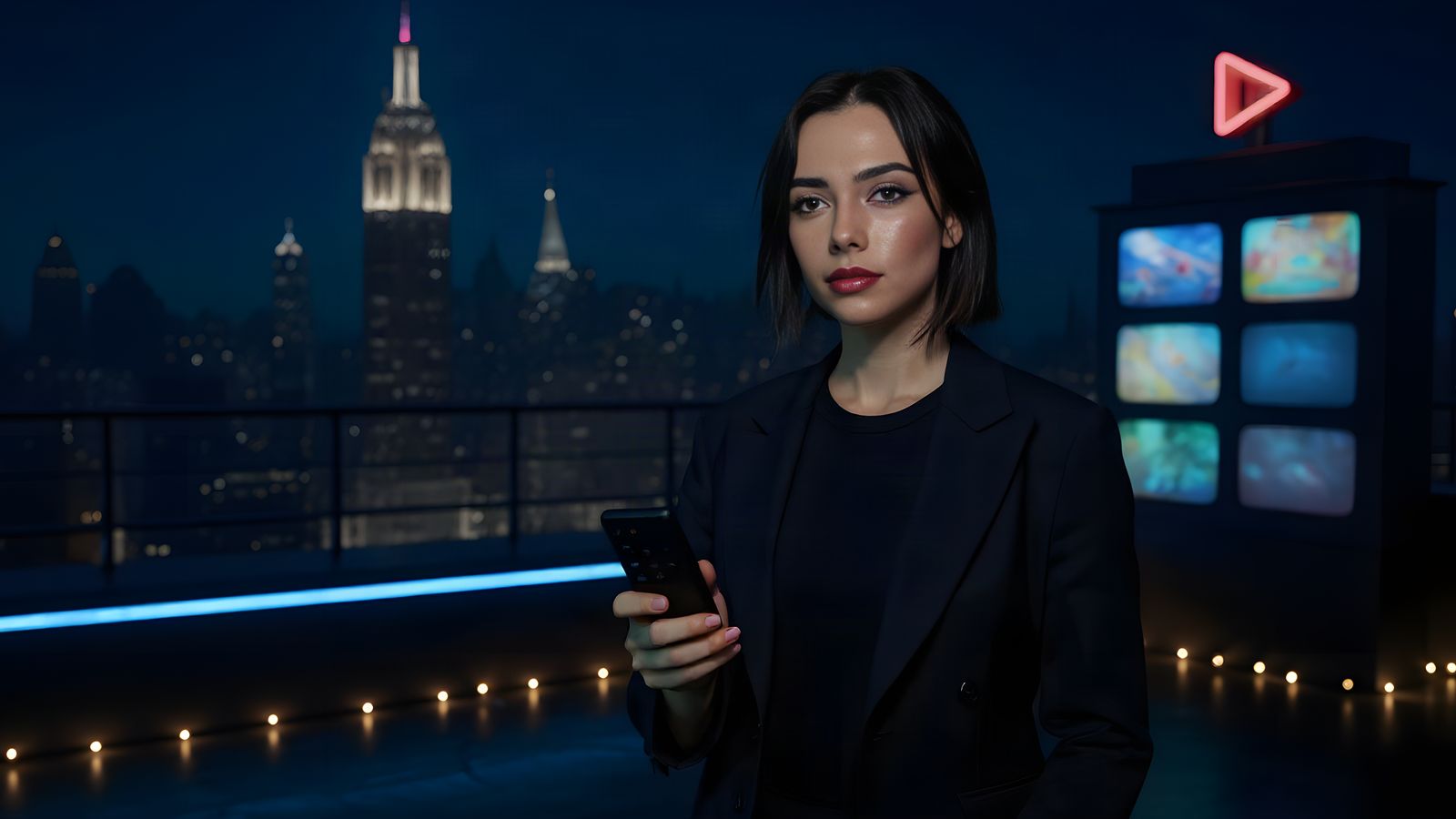 Remy on a Manhattan rooftop at night with the Empire State Building behind her and a wall of glowing TV screens